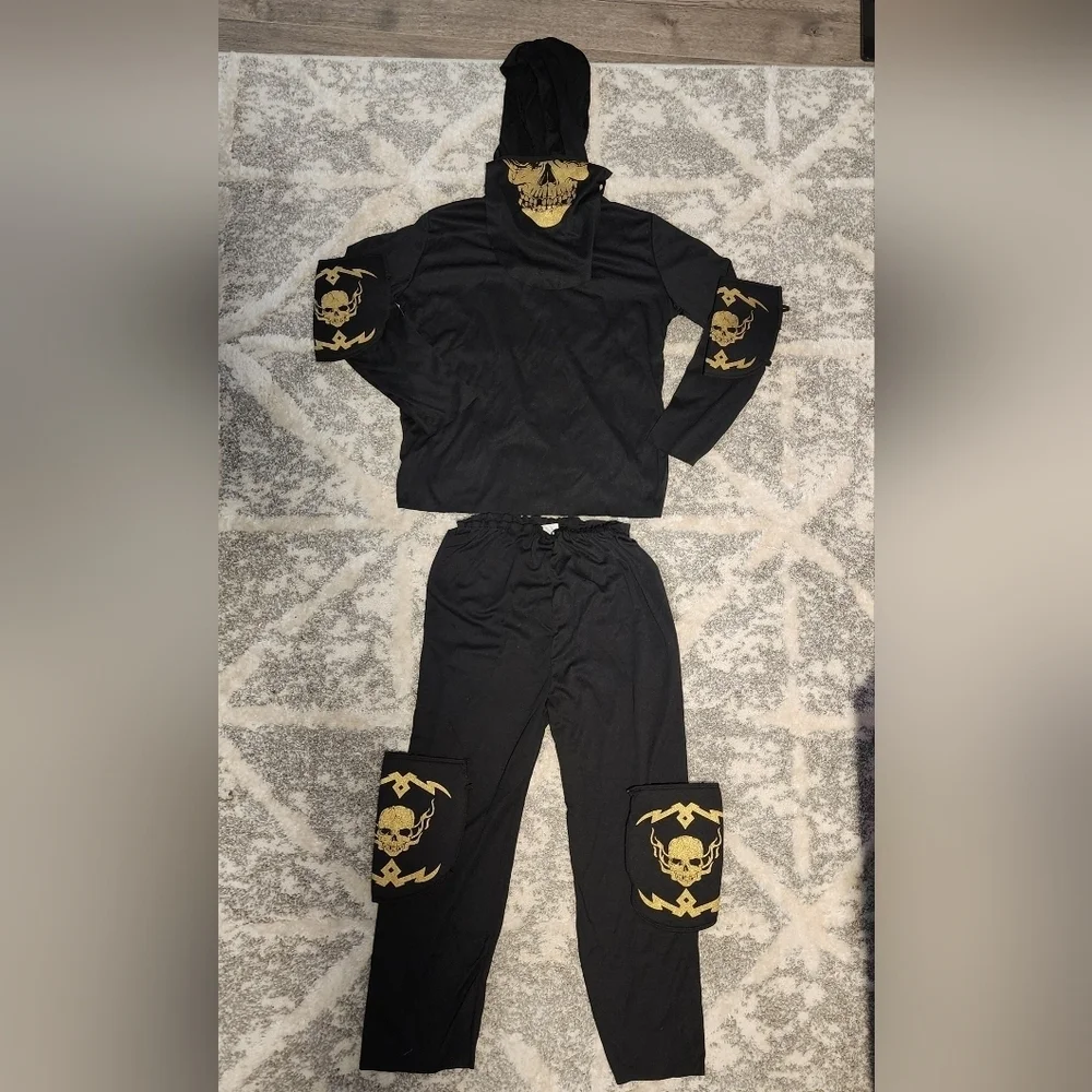 Gold Skull Ninja Warrior Halloween Costume Cosplay Child's Size 8-10 Unisex EUC